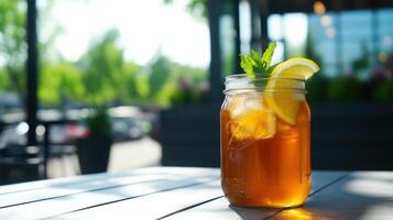 A mason jar with lemon and mint sitting on a table photo