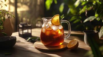 Refreshing cold brew tea served in glass jug with ice photo