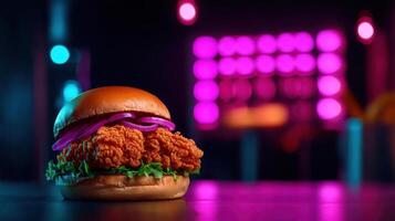 Crispy fried chicken burger with spicy mayo and fresh toppings photo