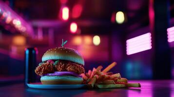 Crispy fried chicken burger with spicy mayo and fries photo