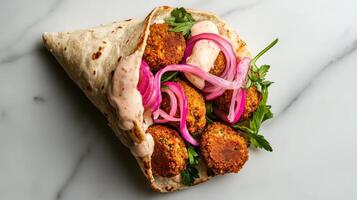 Crispy falafel wrap with pickled onions and tahini sauce photo