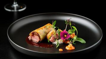 Crispy duck spring rolls with plum sauce and fresh herbs photo