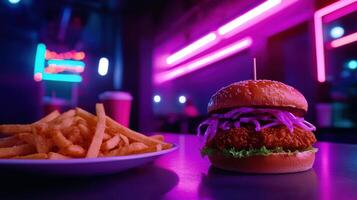 Crispy fried chicken burger with fries in neon lit setting photo