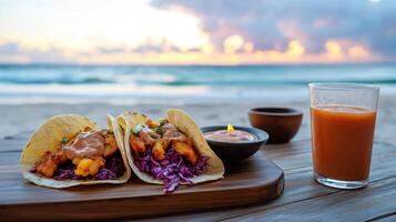 Crispy fish tacos with red cabbage slaw and sunset view photo
