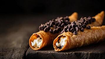 Two chocolate covered crepes on a wooden table photo