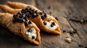 Two chocolate covered croissants on a wooden table photo
