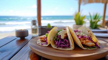 Crispy fish tacos with red cabbage slaw by beach photo