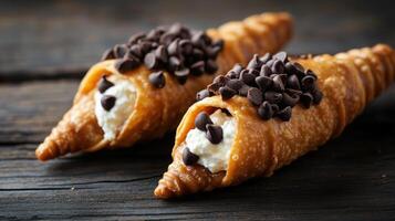 A couple of croissants with chocolate chips on top photo