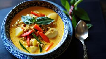 Creamy Thai yellow curry with potatoes and vegetables photo