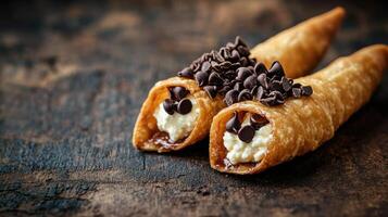 Two chocolate covered pastry rolls with cream and chocolate chips photo