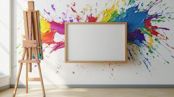 An easel and a blank canvas in front of a colorful paint splatter photo
