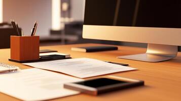 A desk with a computer monitor, pen, and paper photo