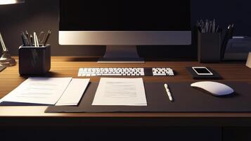 Modern office desk with paperwork, computer, and stationery photo