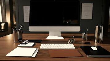A desk with a computer, a keyboard, a mouse, and a pen photo