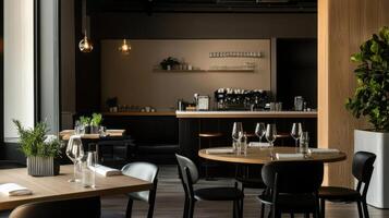 Modern restaurant interior with elegant decor and lighting photo