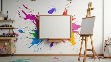 An empty canvas with paint splatters on it in a room photo