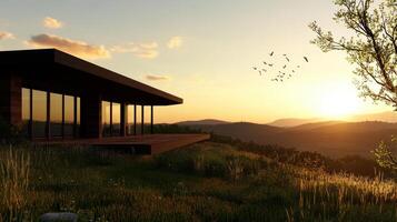 modern house in serene countryside at sunset photo