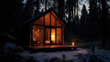 Cozy Scandinavian cabin in forest at night with warm light photo