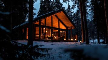 Cozy Scandinavian cabin with wooden logs in snowy forest photo