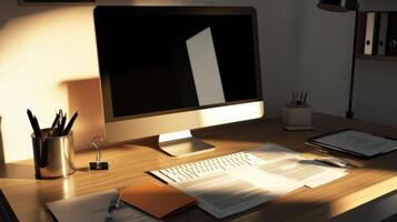modern office desk with computer and documents photo
