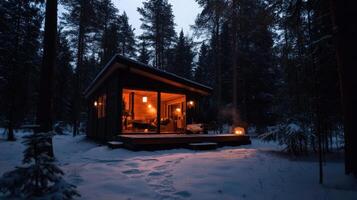 Cozy Scandinavian cabin in snowy forest at dusk photo