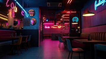 Vibrant neon lit restaurant interior with modern decor photo