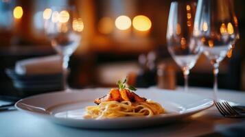 Creamy fettuccine alfredo with grilled chicken on plate photo