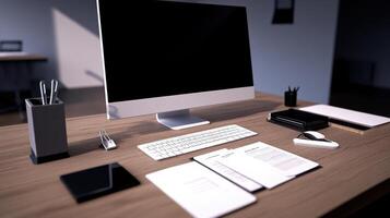 A desk with a computer monitor, keyboard, and other items photo