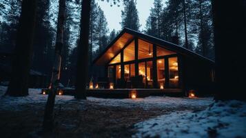 Cozy Scandinavian cabin in woods with warm lights photo