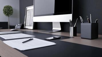 A desk with a computer, pen, notepad and other items photo