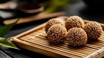 Delicious sesame balls with sweet filling on bamboo plate photo
