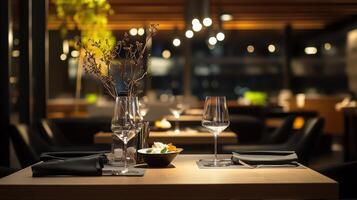 Elegant dining table with glasses and decorative flowers photo