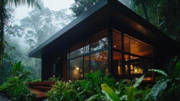 A modern cabin in the jungle surrounded by lush vegetation photo