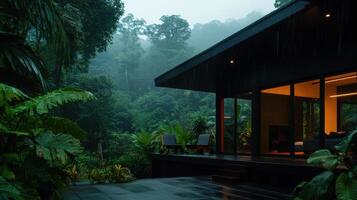 A house in the jungle with lush vegetation photo