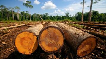 Deforestation for large scale farming, showing cut tree trunks photo