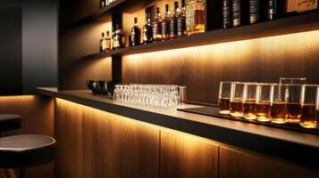 stylish bar with whiskey glasses and illuminated shelves photo