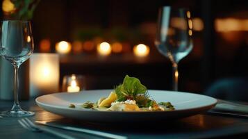 A plate of food with wine glasses and candles photo