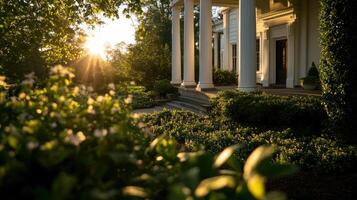 Elegant mansion with white columns and lush greenery at sunset photo
