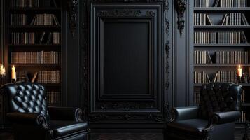 Black library with two chairs and a fireplace photo