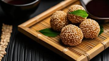 Deep fried sesame balls with sweet filling on bamboo tray photo