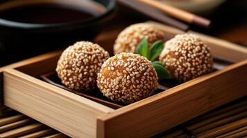 Deep fried sesame balls with sweet filling in wooden tray photo