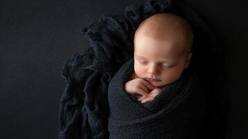 peaceful baby wrapped in dark blanket, sleeping soundly photo