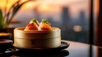 Delicious dim sum served in bamboo steamer at sunset photo