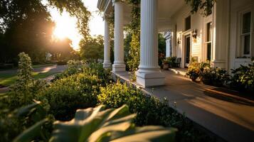 Elegant classic mansion with white columns and lush garden photo