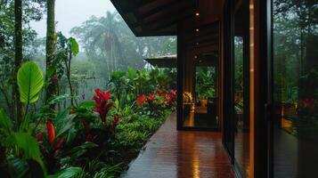 Eco friendly modern house in rainforest with vibrant plants photo