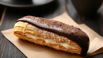 Delicious eclair with chocolate glaze and creamy filling photo
