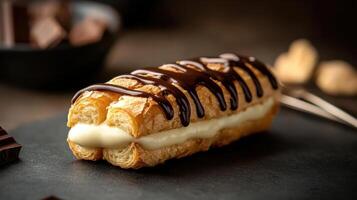 Delicious eclair with creamy filling and chocolate drizzle photo