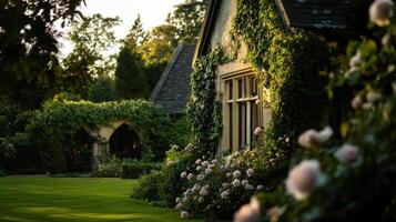 charming cottage surrounded by lush greenery and blooming roses photo