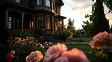 Elegant Victorian style home with blooming roses at sunset photo