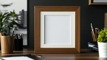 A blank picture frame on a desk with a plant photo